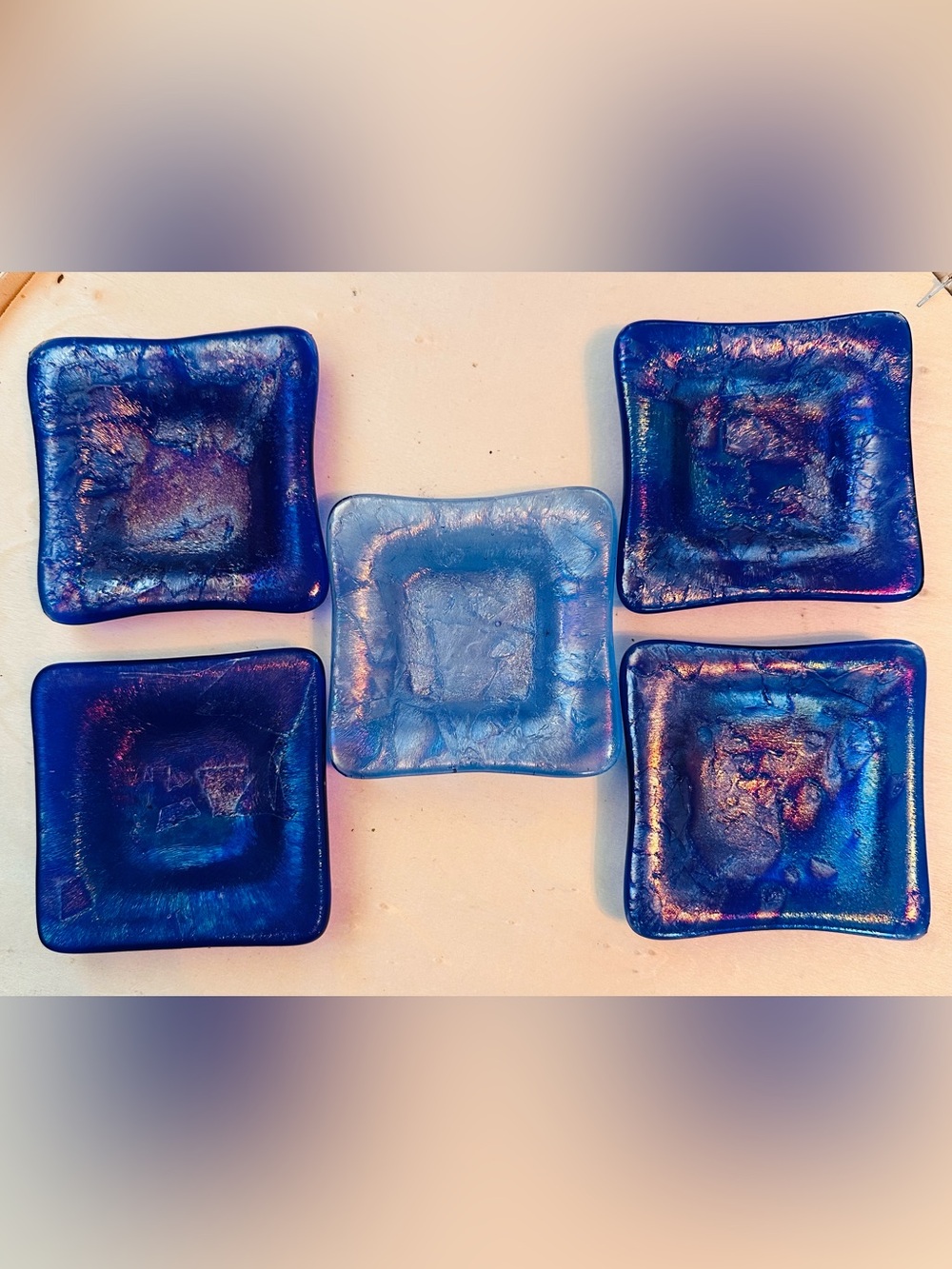 Handmade Iridescent Blue Glass Square Dishes/Trinket trays- 5, votive holders